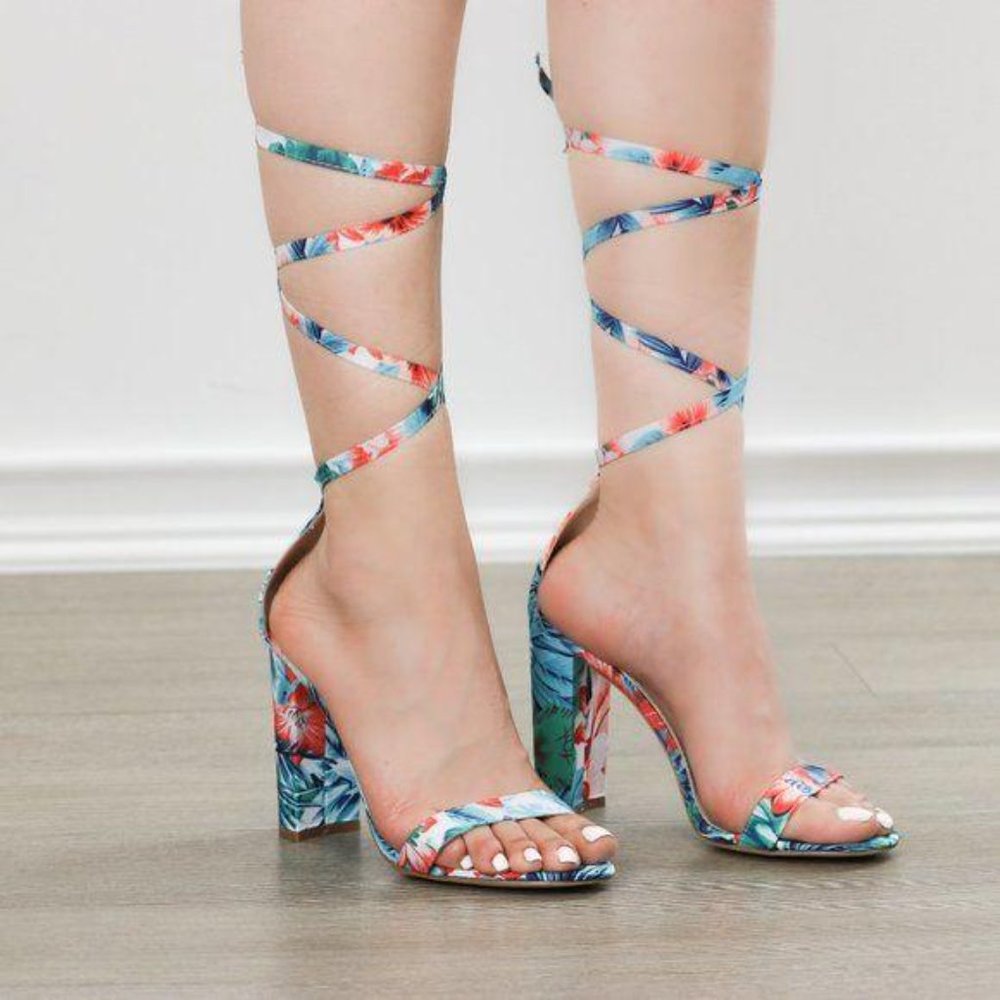 Blue Floral Laced-up Leg Tie, Ankle Strap High Heels Sandals - Picture 3 of 8